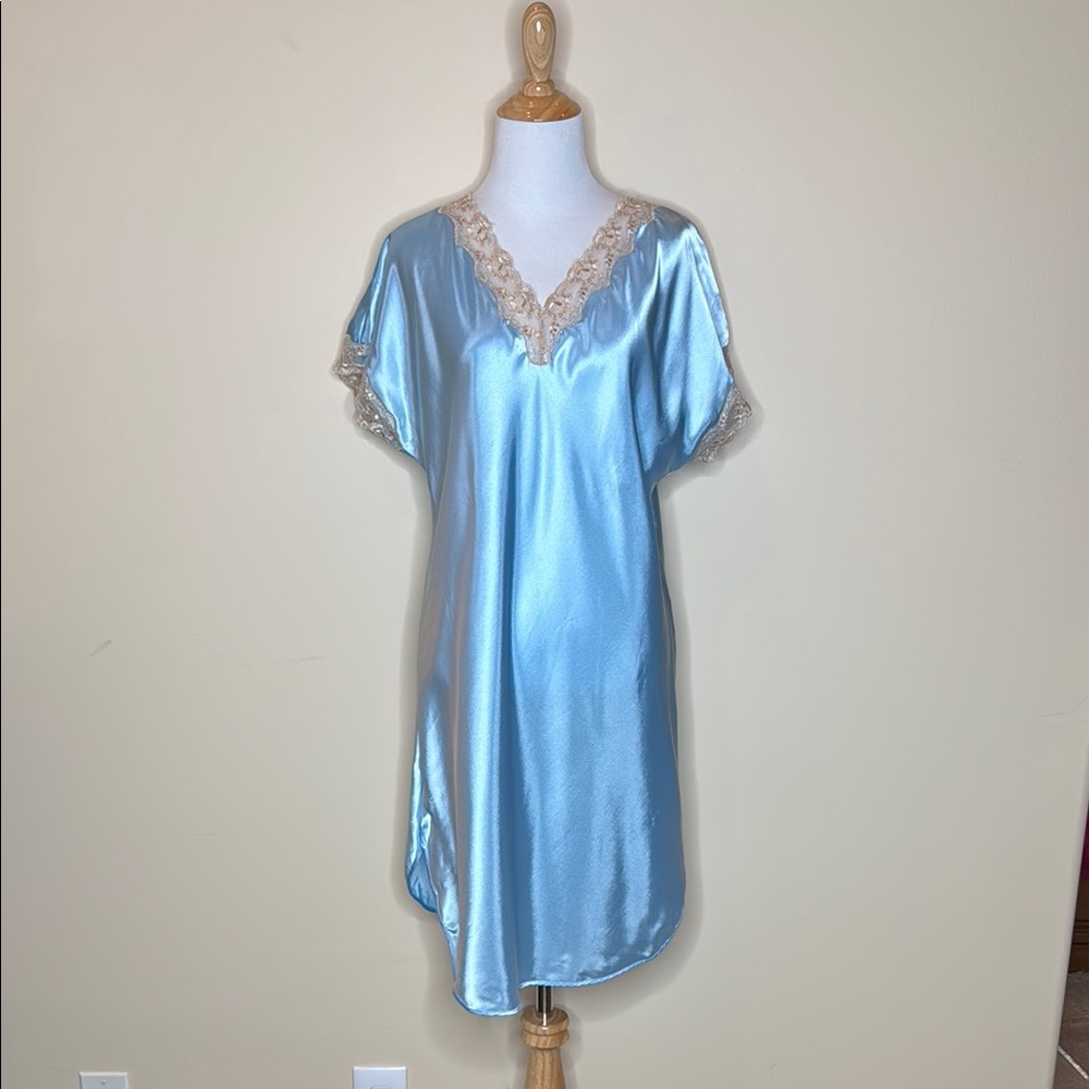 Blue and Cream Chemise with Lace V-Neck and Sleeves